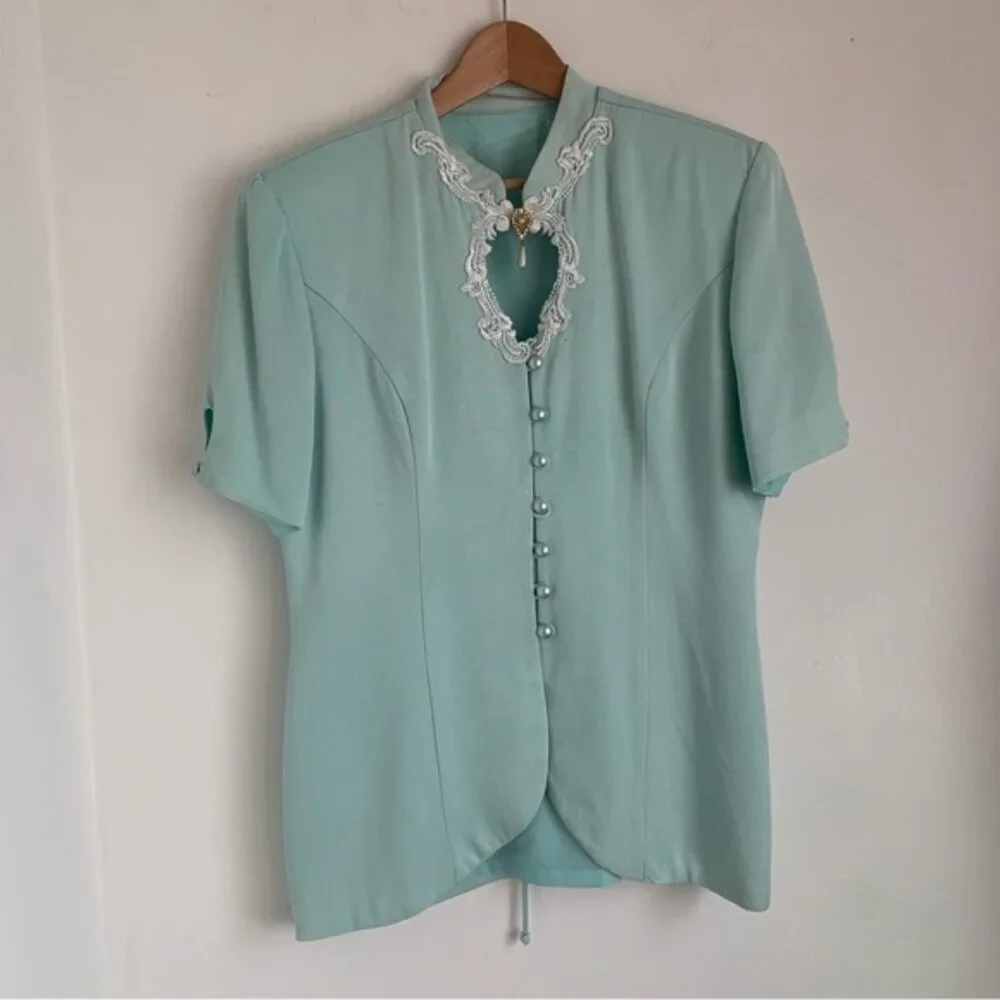 Vintage 80s Pastel Aqua Blue Skirt Suit Set